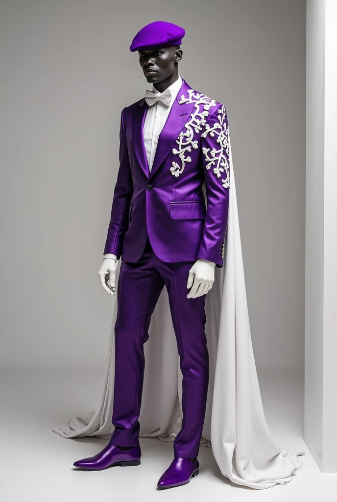 make a men's suit with violet that has white design on the right side and right arm, it also has a white cape on only one side. Add White Gloves and violet benet