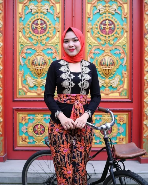  "Create an image of a woman standing in front of a vibrantly colored wooden door with intricate designs. The door is predominantly red, adorned with colorful patterns in blue, yellow, green, and gold, featuring floral and geometric motifs, with ornate car...