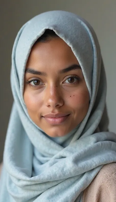 A hijab girl with brown skin has a LIGHT GREY hijab, a Snow blue sweater and a Nude blouse. Her face is oval, her eyes are almond shaped and dark brown. Her nose is straight and has a wide nose. She has slightly full lips and a few freckles