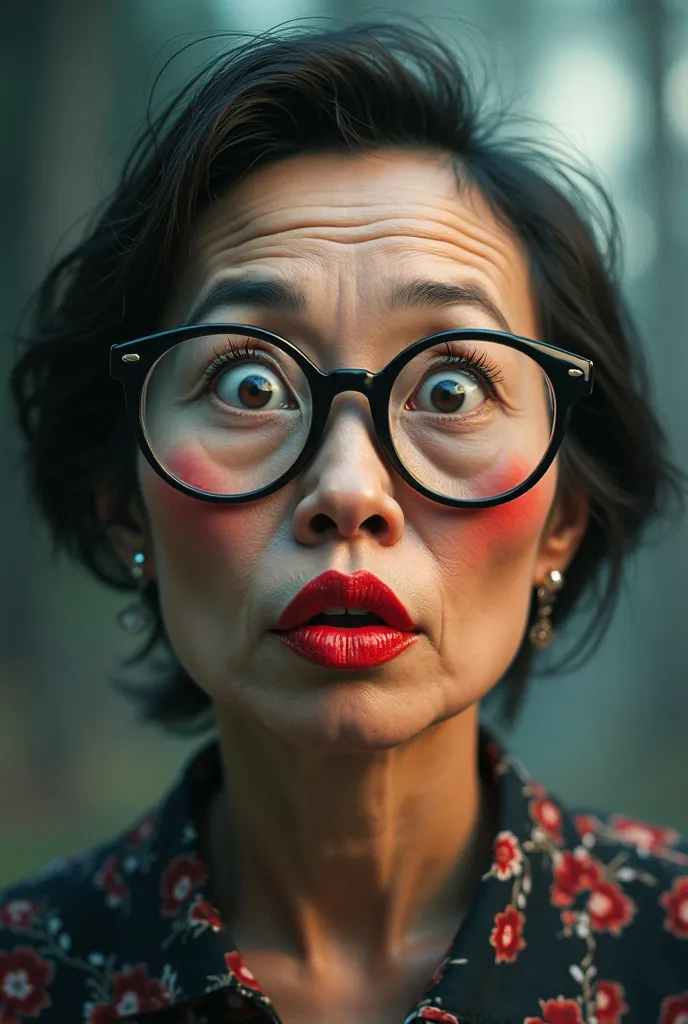 stupid face 5D effect,a 45 year old Asian woman,wearing a very small and round glasses,big eyes,big,red and thick lips,very open spokes,emotion expression