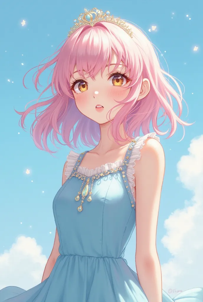 A  with very light pink hair and light brown eyes, a blue dress with the color of the sky and a tiara (anime version) 