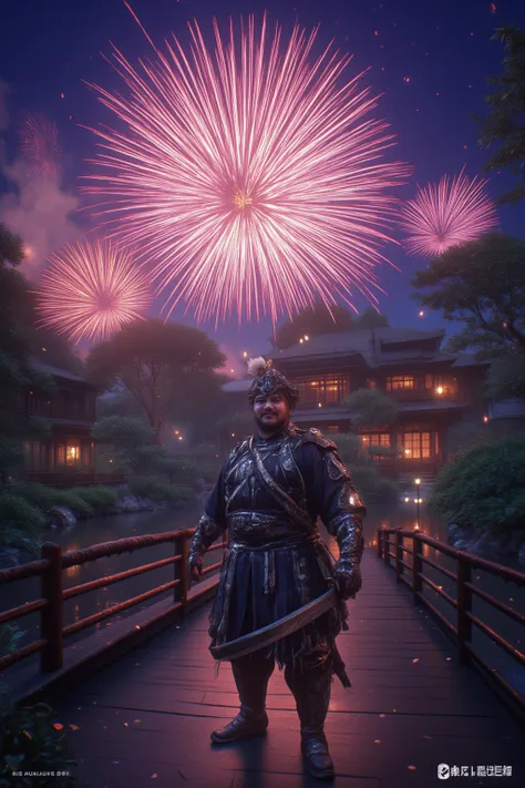 Japanese Garden、warrior、Armor、 Japanese sword、 Japanese swordを構える、standing on a bridge over a pond、１man、 male、fat、 Japanese、20 years old、smile、obesity、night、 fireworks on the background