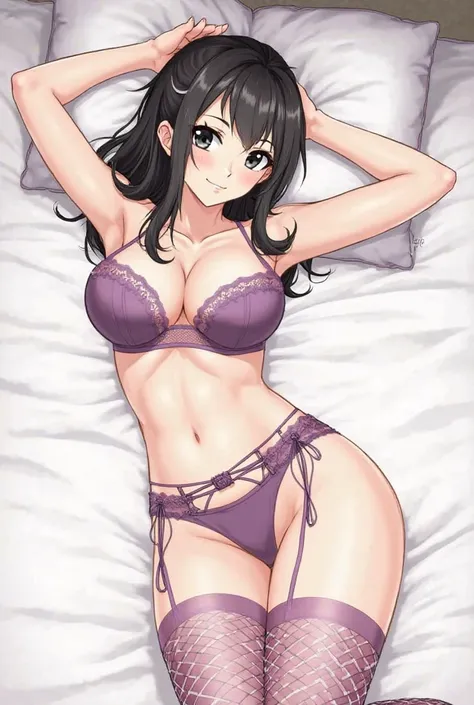 1girl, underwear, panties, solo, bra, garter belt, breasts, thighhighs, black eyes, black hair, navel, smile, lingerie, purple panties, lying, long hair, looking at viewer, purple bra, armpits, pillow, on back, fishnet thighhighs, arms up, on bed, fishnets...