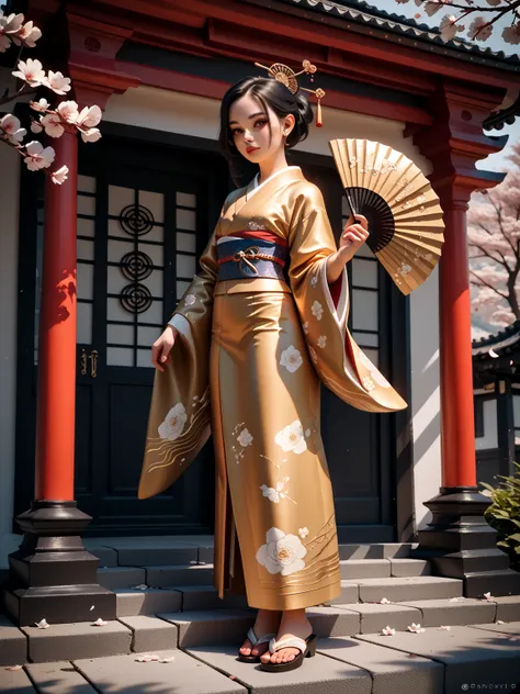 (Rotate counterclockwise 、Kimono and hair flutter in the wind）young age beauty。
Luxurious Foldable Silk Fan、The finest silk kimono（gorgeous gold thread embroidery with cherry blossoms and auspicious patterns）、Gold-embellished hairpin、Sandals。

