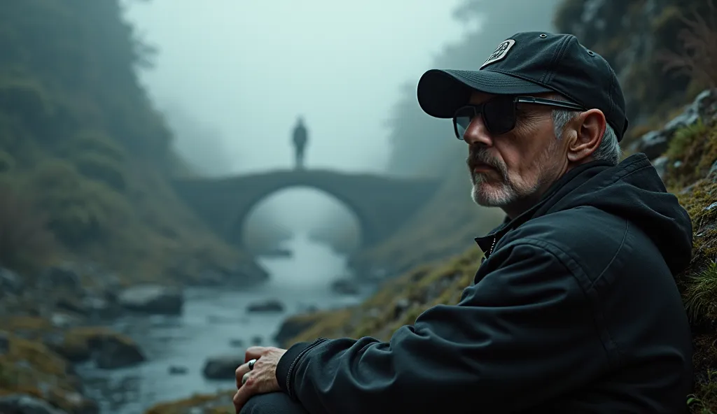 Captures a panoramic image from different angles of a 60-year-old bald man wearing a black baseball cap and dark rayban glasses with black lenses, is dressed as an explorer wearing a black jacket and pants with Cybertech touches who is sheltered resting hi...