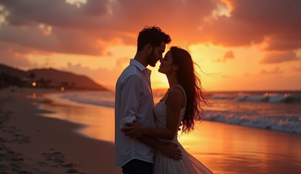 The silhouette of a man and woman stand close together on a beach at sunset. The man is wearing a white shirt and the woman is wearing a dress.