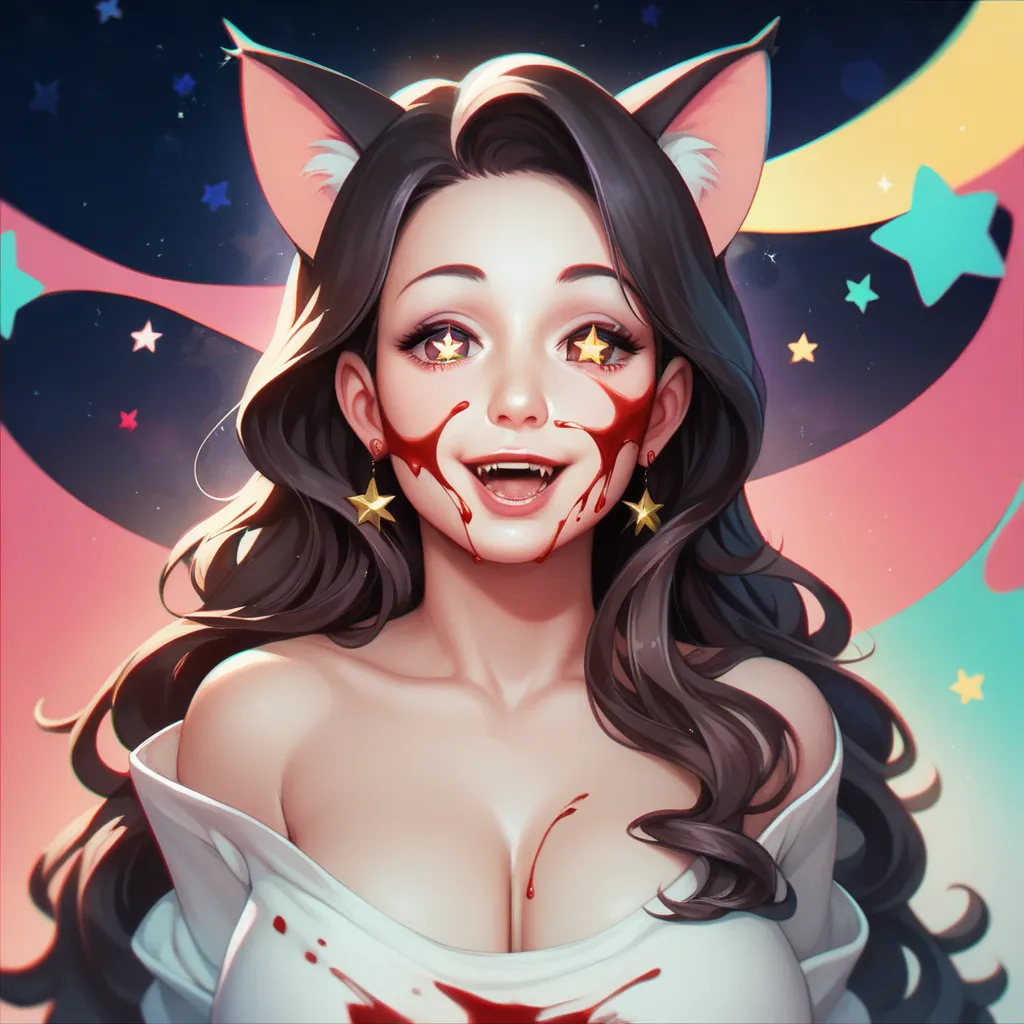 (masterpiece, best quality), ((1girl, (mature female) long hair), (star-shaped pupils,  +_+, symbol-shaped pupils, sparkling eyes), (cat ears, open open mouth)), (looking at viewer, light smile, off shoulder), (abstract, multicolored background, abstract b...