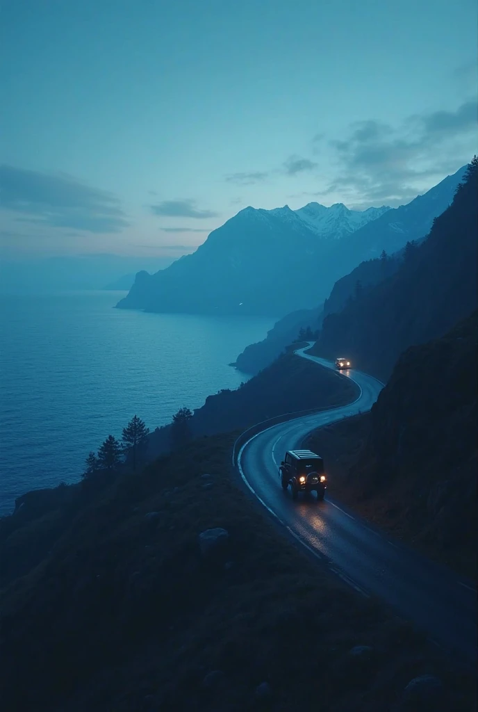 A cinematic, emotional evening scene with a vast sea stretching towards the horizon and towering mountains in the background. A winding road curves around the mountains, where a lone Jeep is driving along. Both the Jeep and the mountains appear as shadow a...