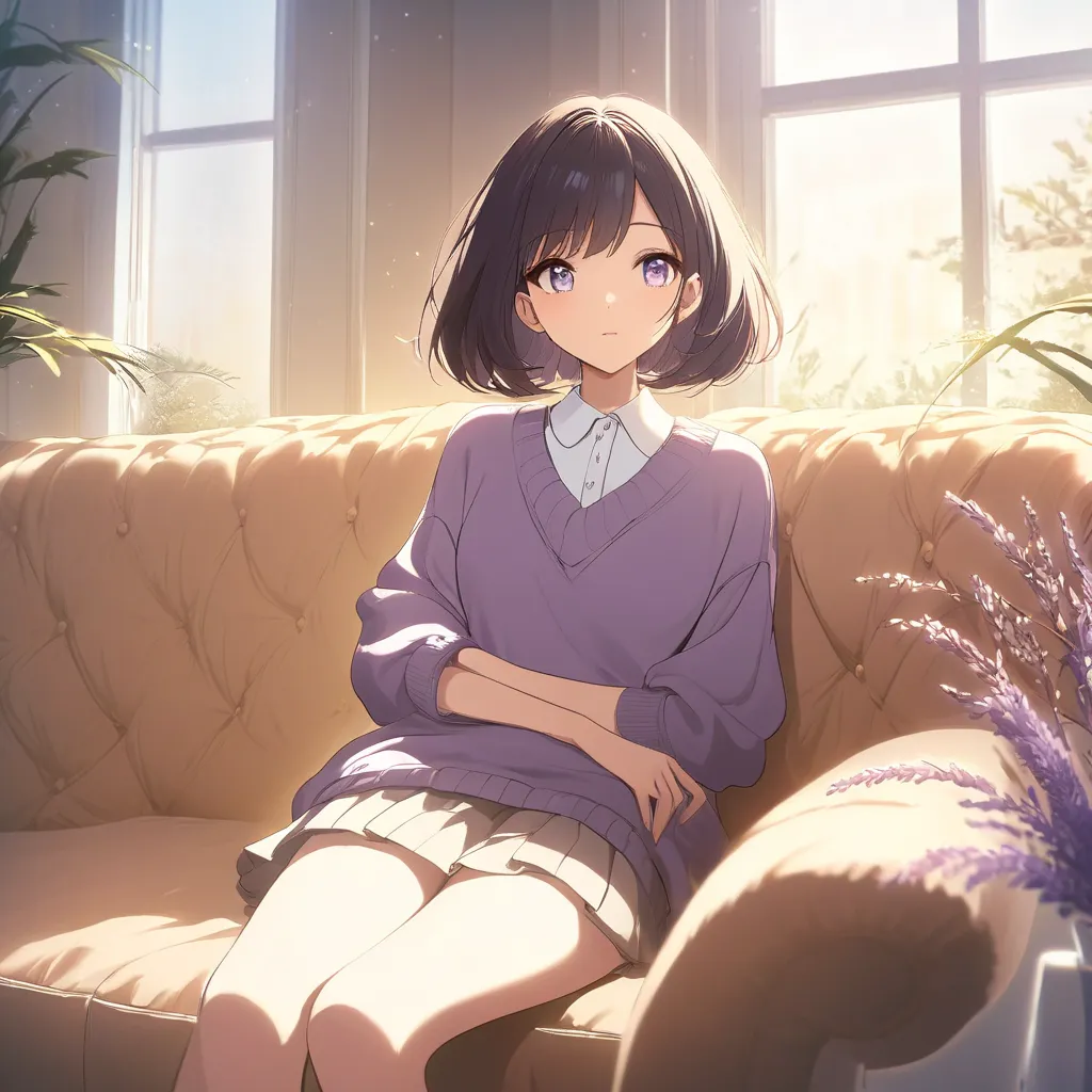 A beautiful anime-style girl with a slender, model-like figure, sitting alone on a cozy couch in a softly lit room. She has a stylish shoulder-length bob hairstyle, deep and expressive eyes, and a delicate yet confident expression. She is wearing a lavende...