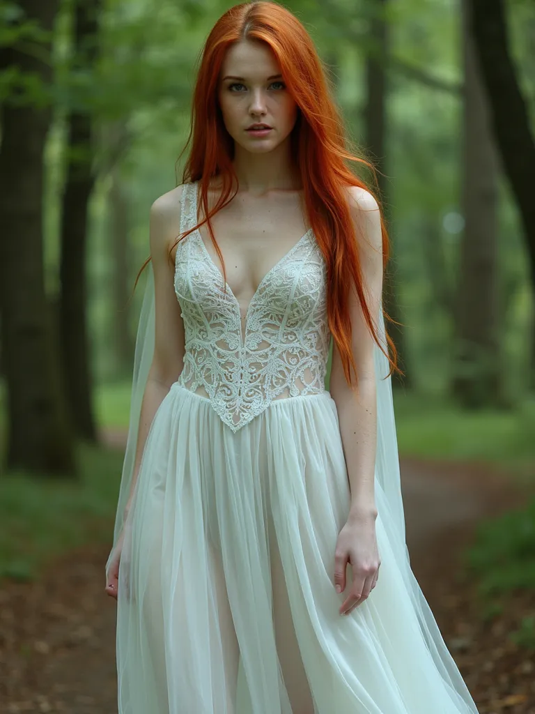 red hair, cleric, woodlands, magic, white sheer dress, rpg fantasy, detailed cinematic shot from, realistic cinematic scene, beautiful young woman in a sheer white dress, full body shot of showing detailed intricate work, shot in the style of  wes anderson...