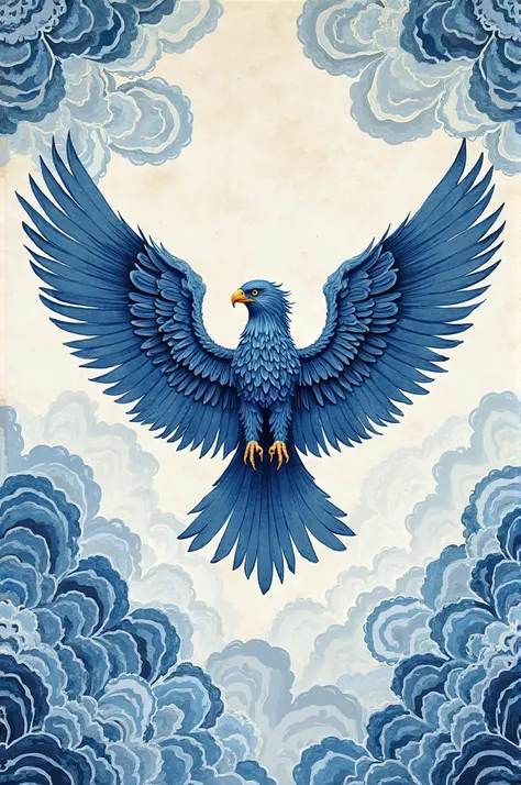 blue auspicious cloud patern with an eagle big eagle chinese painting style, with lines and shapes symethrical compositions and seemles background the overall colour are primary colors low saturation and high contrats showing the beauty of a batim pattern ...