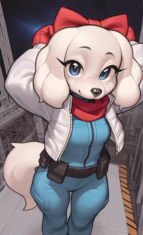 ((Fay Spaniel)), ((Starfox)), ((pixelsketcher)), ((wamudraws)), ((masterpiece)), ((high resolution)), ((solo portrait)), ((high angle)), {(attractive figure), (wide hips), (beautiful legs), (white fur), (black nose), (floppy dog ears), (cute blue eyes), (l...