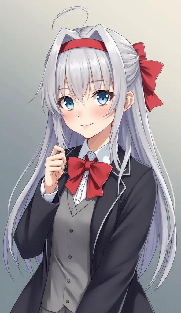 Great Painting,  best quality,  Amazing quality ,
One Girl, Alone, looks at the viewer,  gradient background , upper body, slight smile,
 The long , silver hair, ahoge,  cross-hair , red hair band,  hair tips ,  blue eyes,
school uniform,  gray jacket , Op...