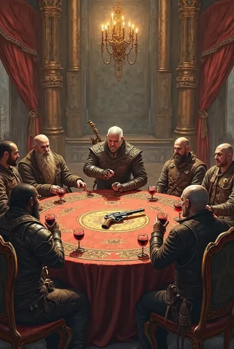 A circular table with Monkey King, Arthur Morgan, and the character Ghost from Call of Duty and God of War sitting on one side of it, and Geralt, CJ, and a majestic Tarnished from Elden Ring sitting on the other side, drinking wine, and in the middle, Arth...