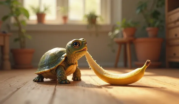 A Baby Turtle Takes a Bite – A small, adorable turtle nibbling on the banana while Max watches.