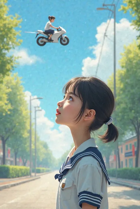 A girl with white uniform dreaming about riding electric bike 