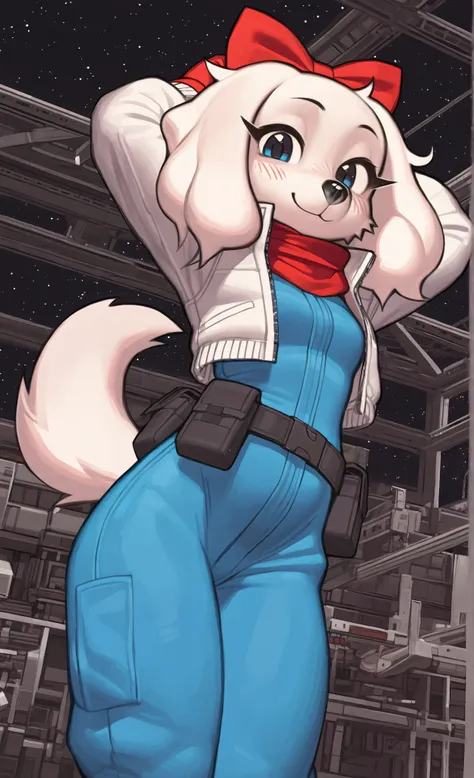 ((Fay Spaniel)), ((Starfox)), ((pixelsketcher)), ((wamudraws)), ((masterpiece)), ((high resolution)), ((solo portrait)) {(attractive figure), (beautiful legs), (white fur), (black nose), (floppy dog ears), (cute blue eyes), (long eyelashes), (cute smile)},...
