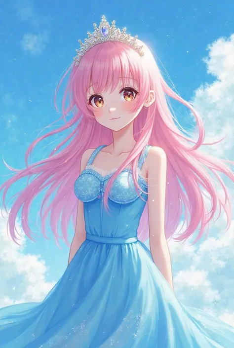 A  with very light and long pink hair and light brown eyes, a blue dress with the color of the sky and a tiara (anime version)