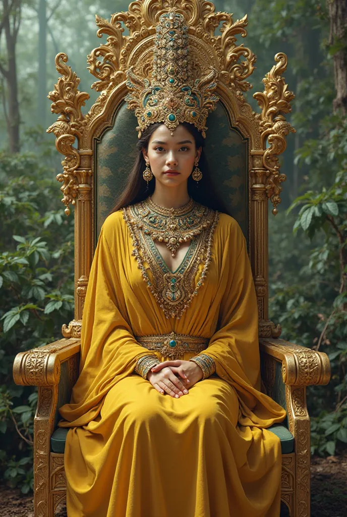 20 year old ancient girl with lots of jewelry on her head wearing yellow sitting on the throne