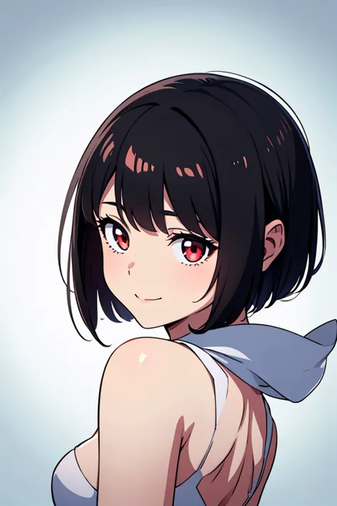 8k,illustration,short hair,masterpiece、 Premium quality,white background, black_hair, red eyes,solitary,1 girl,best quality,  is extremely delicate、 black hair short bob、Double eyelids,simple background、 immature ,Ethereal,white background,Flirtatious eyes...