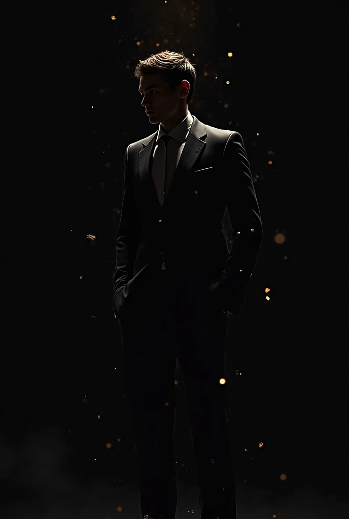 Digital drawing, Of the black shadow of a young man in a, suit with flashes of gold glitter on a black background 