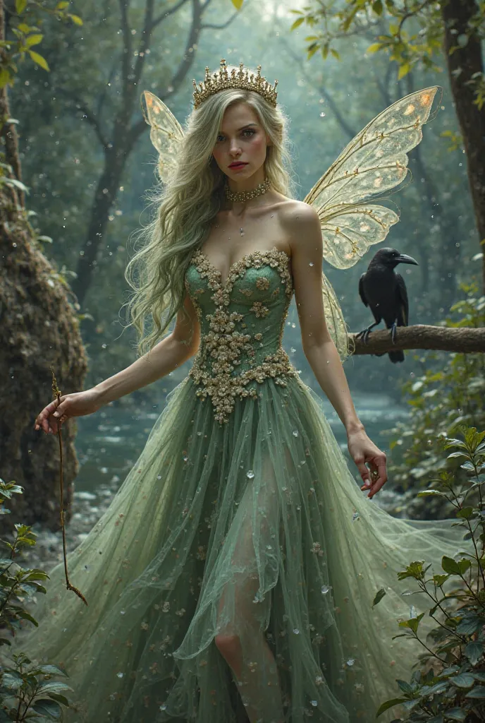 Photorealistic picture A beautiful fairy princess with green streaked blonde hair  , dressed in an elegant dress with lace which is  completely with dainty flowers , and wearing a sparkling crown . The scene is set at dusk ,  . In the picture,  3 dark male...