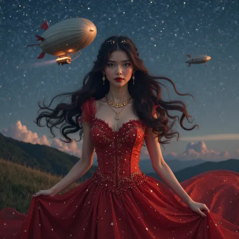 Highest quality, masterpiece, Realistic, High resolution, 8K RAW Photos, 1 girl, Browsing Caution、Medium Long Hair、((Glamour body:1.3))、(Star motif red dress、Gold-rimmed、Tar Pendant、Star Earrings、(((Action pose)))、(Hill where you can see the night sky)、(Ai...