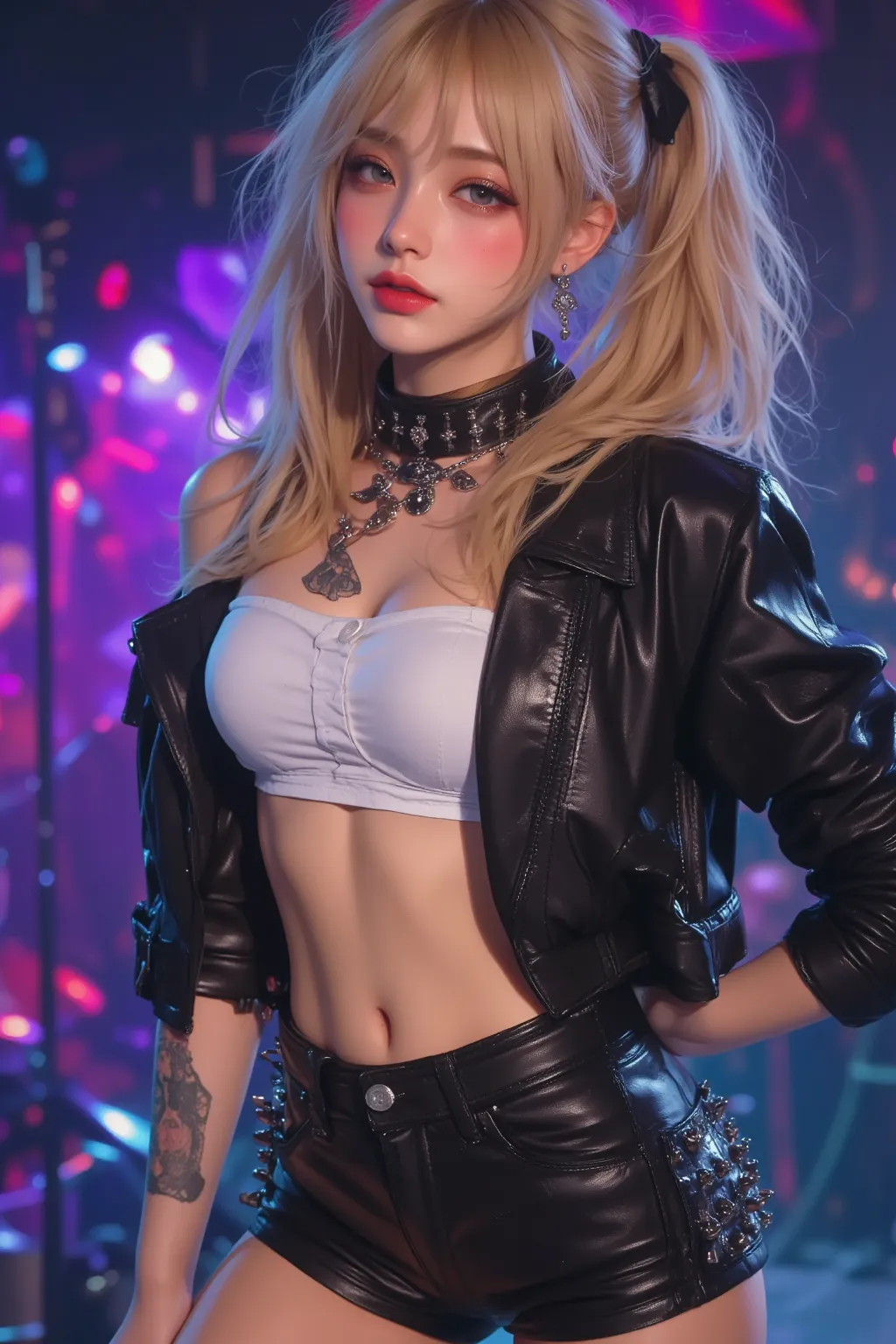 realistic:1.2, Rocker girl wearing a leather jacket,slim body shape、Normal bust size、 highly realistic photograph,  full body shot, １two electric guitars, clothes with spikes,white tank top、Navel exposed、low rise leather shorts,tattoo,earrings dark lipstic...