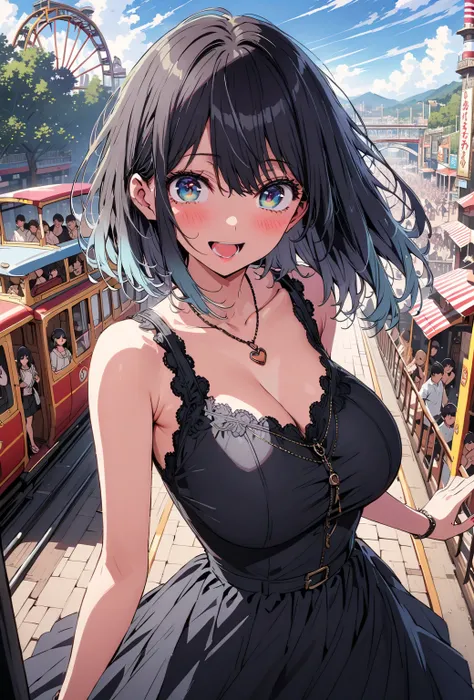 ,Akane Kurokawa,  short hair, bangs,  blue eyes,  black hair,  Lantern,  multi-colored hair , gradation hair,smile,blush,opens her mouth, heart shaped necklace ,black long skirt integrated dress,sleeveless, Big Breasts, sandals on the skin,crowd, Straw Hat...