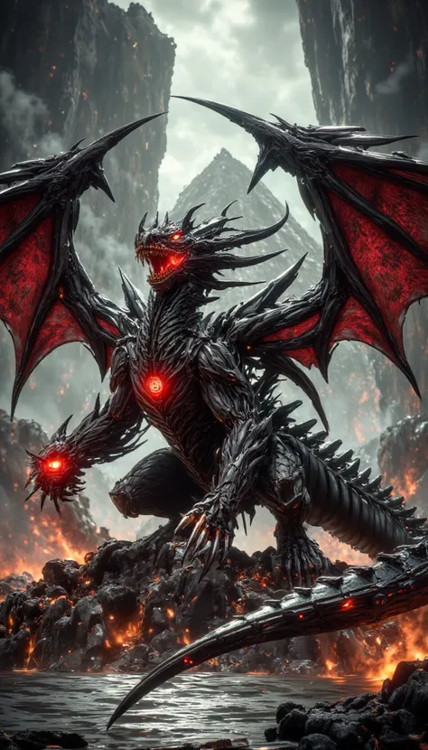 Dungeons & Dragons style, Dark Fantasy style,Elden Ring style, Queen of Darkness,  the dragon is standing on a rocky cliff overlooking a body of water, with a mountain in the background. the sky is dark and cloudy, and there are red flames and smoke rising...