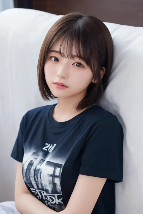 masterpiece, TOP QUALITY,  one woman, ( t-shirts、Sleeping girl:1.2), 20 years old、(RAW 写真TOP QUALITY), (reality, reality的:1.4),  sexy、 iris、 very detailed eyes and face,  beautiful and detailed nose, beautiful eyes, perfect anatomy、short hair、 Chest Valley...