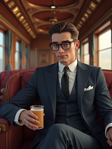 Gentlemen brown hair dark navy Blue suit black tie square framed glasses 35 years of age on board the Orient Express sitting in the lounge carraige holding a drink