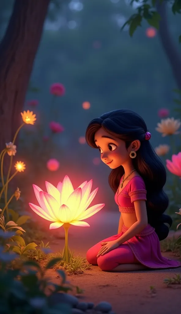 Meera kneels beside the glowing magical flower, asking it why it changes colors. The flower glows brightly, and its petals shimmer with magical light. Meera's face is full of curiosity as she listens. The background is a beautiful garden with soft, glowing...