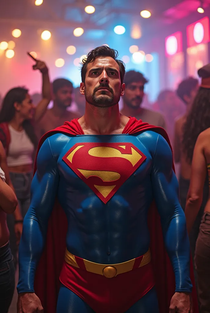 superman with people, in the playground, house music, club event, festival, dazzling lights, colorful background detailed
[Superman : dandy, middle aged, heavy, muscular, helpless, humiliated, out of energy, peeing beer],
[People :  ridicule superman, tort...