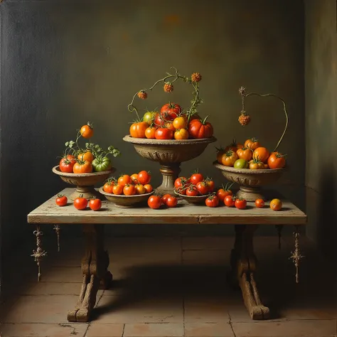 surreal stilleben painting of a mysterious ancient room with a table, the table has humanoid legs, on the table are luxurious bowls with a variety of surreal tomato sorts in all shapes and colors, classic art, dreamy, surreal, photorealistic, magical, esot...