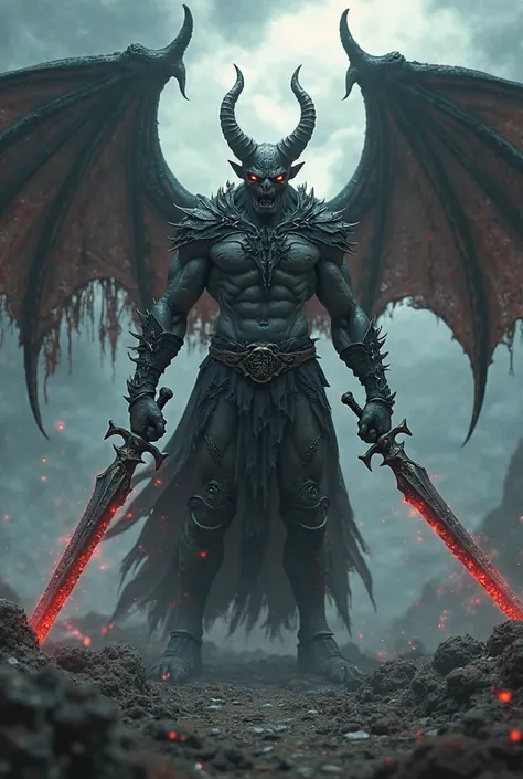 A demon with dark gray skin, bright red eyes,  large demonic wings , holding two demonic swords and wearing black leather armor with a cape.