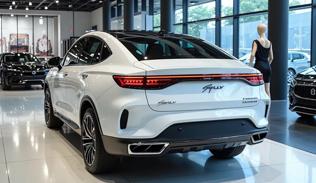 "A luxurious 2026 Geely Emgrand in shiny white color, captured from a full straight rear view, emphasizing its sleek, modern design with distinctive, sophisticated taillights, a sculpted rear bumper, and black accents that contrast beautifully against the ...