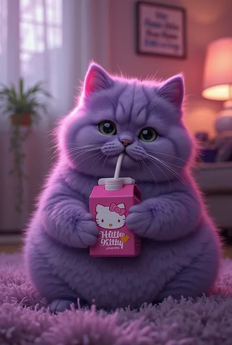 

Prompt (în engleză):
“A chubby, fluffy purple cat with a round belly, sitting comfortably while drinking a Hello Kitty-branded juice box with a straw. The cat has an adorable and content expression. The juice box features a visible Hello Kitty logo. The ...