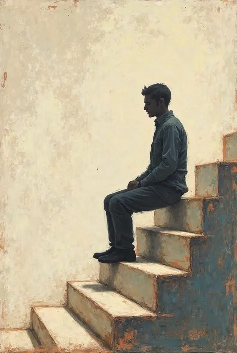 Paiting of a shadow of a man (naive art) Sitting on a stair leng down on air