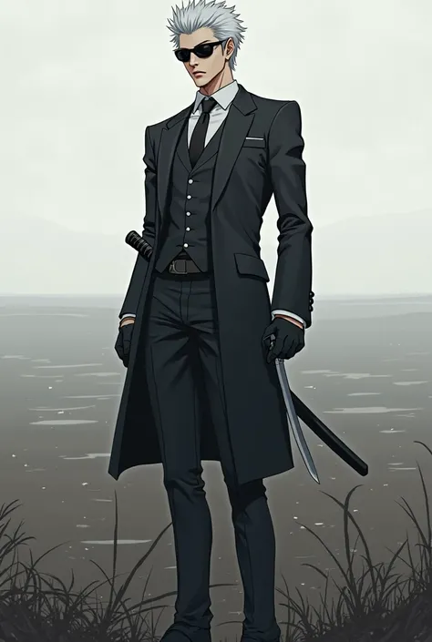 Vergil from Devil may cry 5 in strict, office uniform and sunglasses with a large field and located on gray, deserted field, with a katana on the belt, anime style 