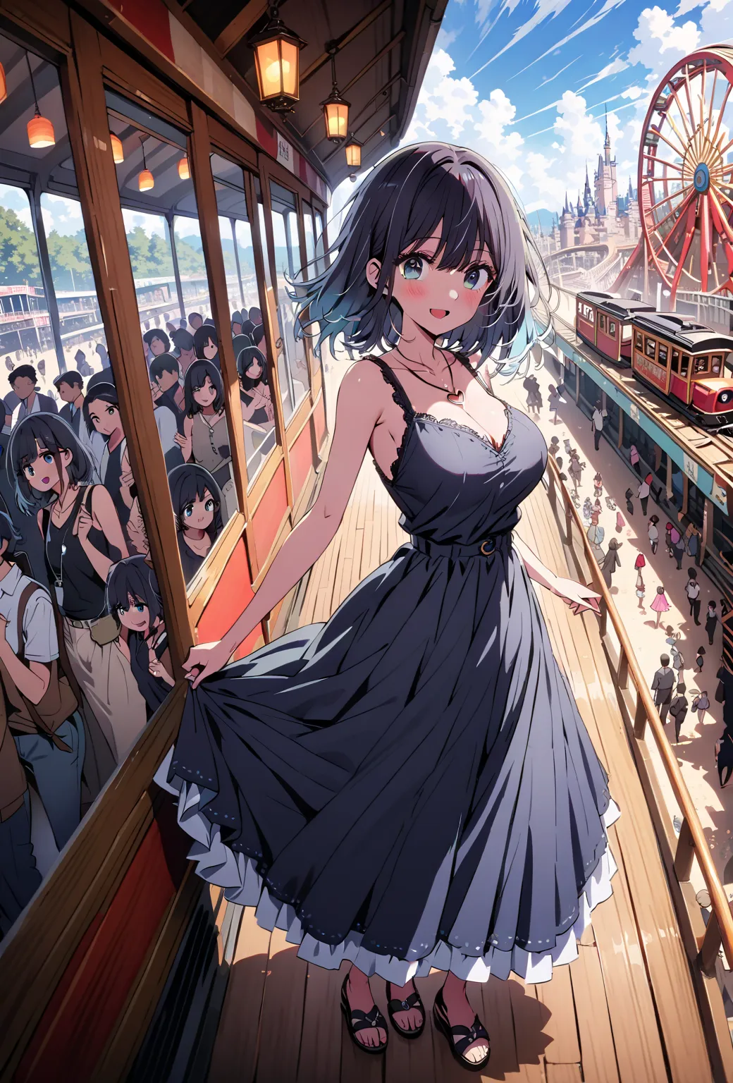 ,Akane Kurokawa,  short hair, bangs,  blue eyes,  black hair,  Lantern,  multi-colored hair , gradation hair,smile,blush,opens her mouth, heart shaped necklace ,black long skirt integrated dress,sleeveless, Big Breasts, sandals on the skin,crowd, Straw Hat...