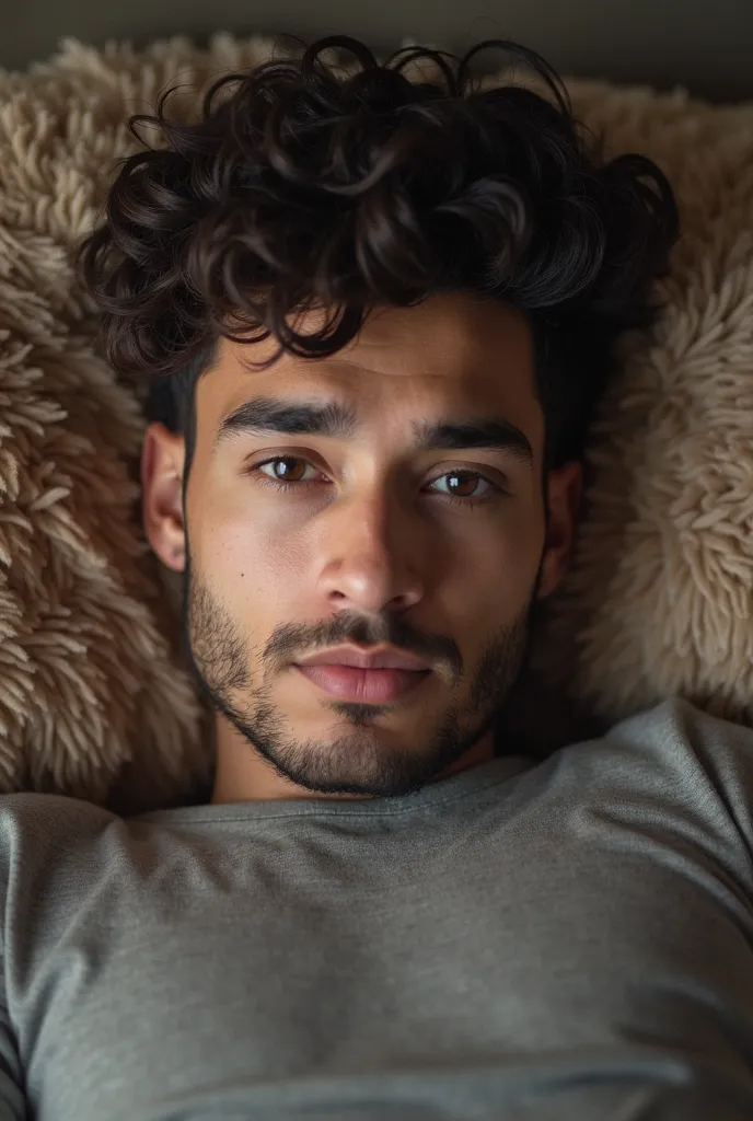 arafed man laying on a couch with a furry pillow, bedroom eyes, 8k selfie photograph, staring directly into camera, looking directly at the camera, staring directly at camera, looking straight to camera, real detailed face, staring at the camera, serious s...