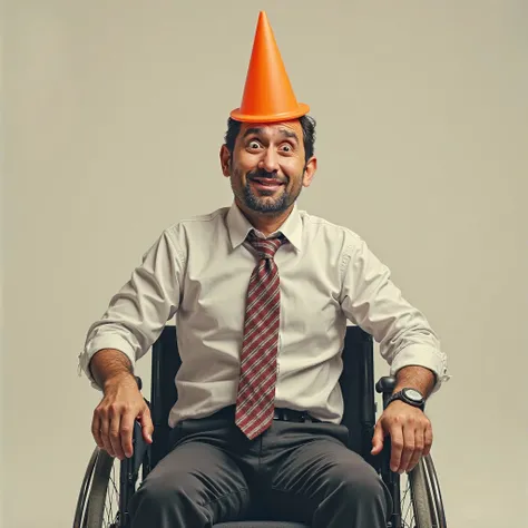 A man dressed as a teacher, sits on a wheelchair with a silly face, and an orange cone hat on his head