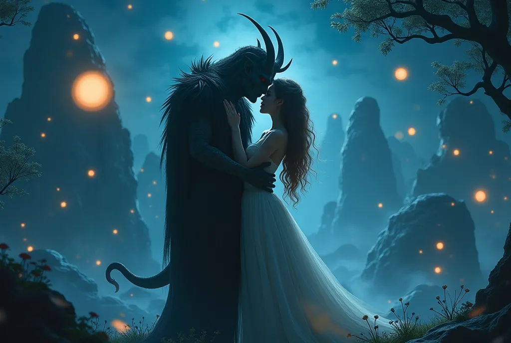 ((best quality)), ((masterpiece)), (detailed), A woman hugging a demon, lovers, night, con fondo un paisaje de floating islands gigantes, blue light spheres in the environment, floating islands 