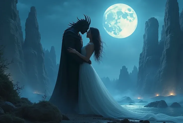 ((best quality)), ((masterpiece)), (detailed), A woman hugging a demon, lovers, night, con fondo un paisaje de floating islands gigantes, blue light spheres in the environment, floating islands 