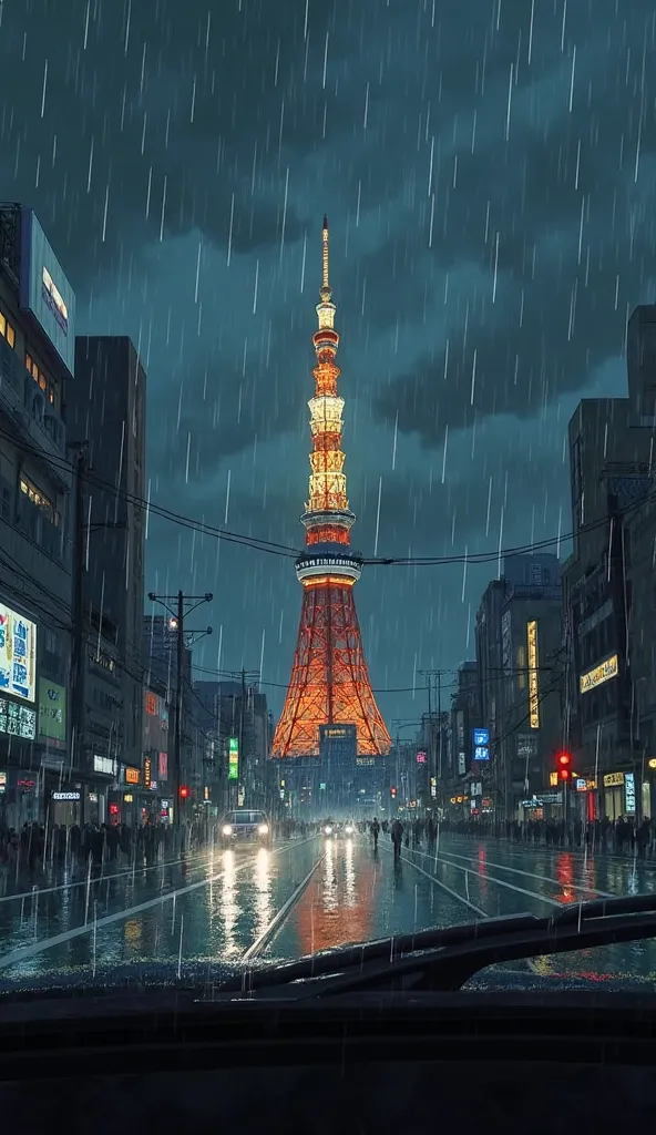 Rainy Day　Scenery seen from a car window　 night view　 Tokyo Tower 　no people　