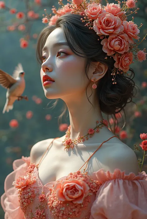 Women&#39;s Dresses、flower、And bird close-up, Intricate 3D Illustration ,  intricate digital art work,  Intricate Artwork . Octane Rendering, Complex depiction,  intricate digital art ,  digital fine art ,  Intricate and glamorous anime CGI style , Intrica...