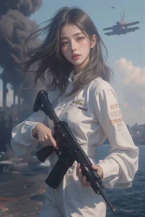 Ultra-high resolution，High-resolution details，Wearing a white navy uniform，Holding an assault rifle in both hands，Advanced and complete equipment，fully armed（1 Korean female soldier，Super beautiful，Super fair skin，Super white face）Reveal full breasts, full...