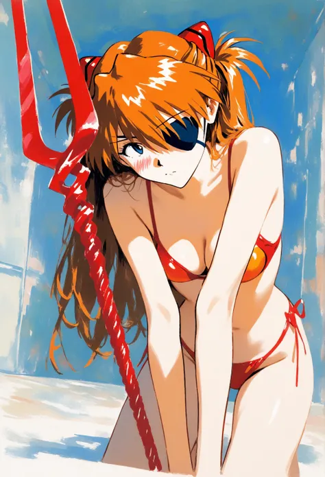 1 girl, Soryu Asuka Langley, neon genesis  Evangelion,   Sensitive , Alone, Eye patch, swimsuit, head tilt, has a weapon, Lance of Longinus \( Evangelion\), cowboy shot, bitches line up in front of the motel,  imitation traditional media, IMPRESSIONISM,  m...