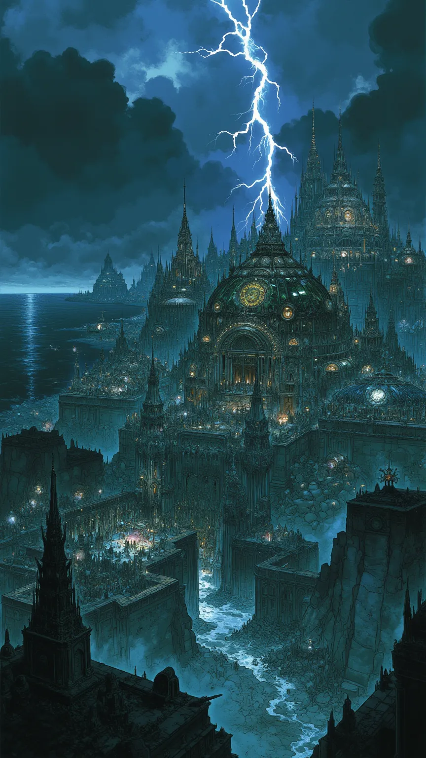 (angle: General plan — Dark tone, with a contrast of light and shadow)
Heavy clouds form over the city, lightning tears through the sky like flaming swords. The rough sea throws furious waves against the city walls, and the anchored ships tremble like leav...